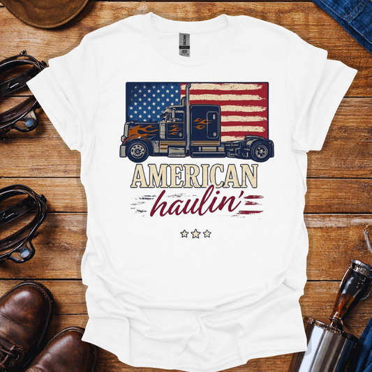 American Haulin’ Trucker Shirt – Patriotic Truck Driver American Flag Tee