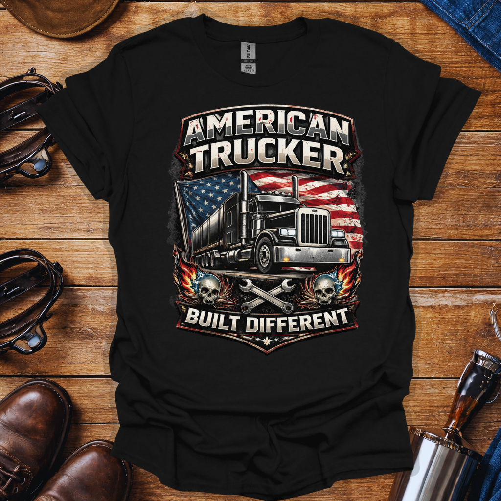 American Trucker Built Different T-Shirt | Patriotic Truck Driver Graphic Tee