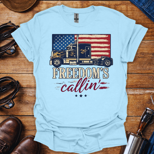 American Trucker Shirt – Freedom’s Callin’ Patriotic Truck Driver Tee with USA Flag