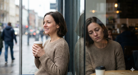 Woman-looking-in-mirror-hiding-mental-health-struggle-stigma