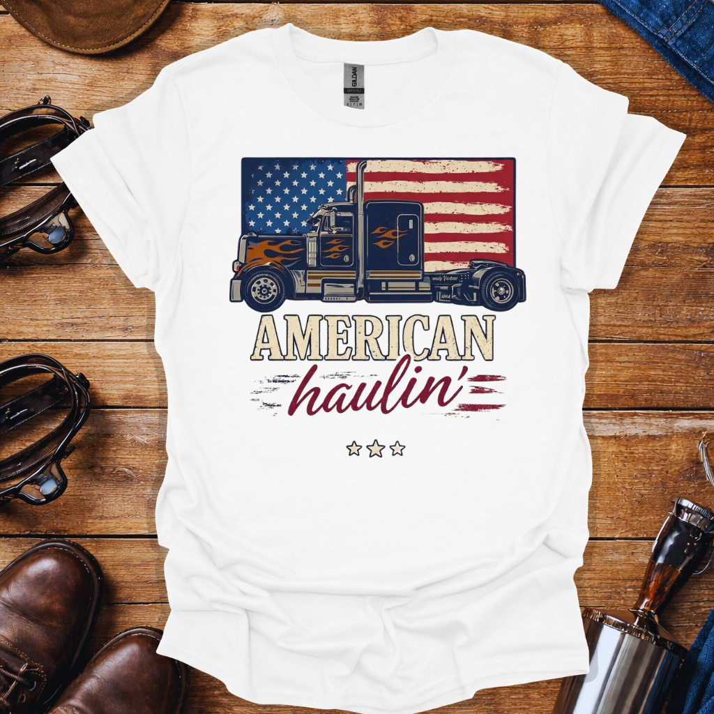 American Haulin’ Trucker Shirt – Patriotic Truck Driver American Flag Tee