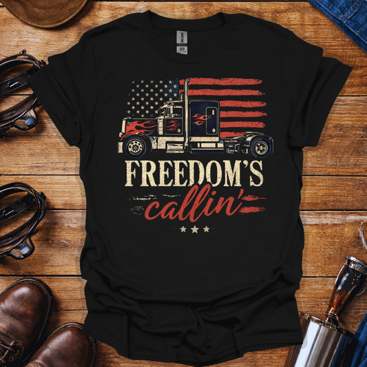 American Trucker Shirt – Freedom’s Callin’ Patriotic Truck Driver Tee with USA Flag