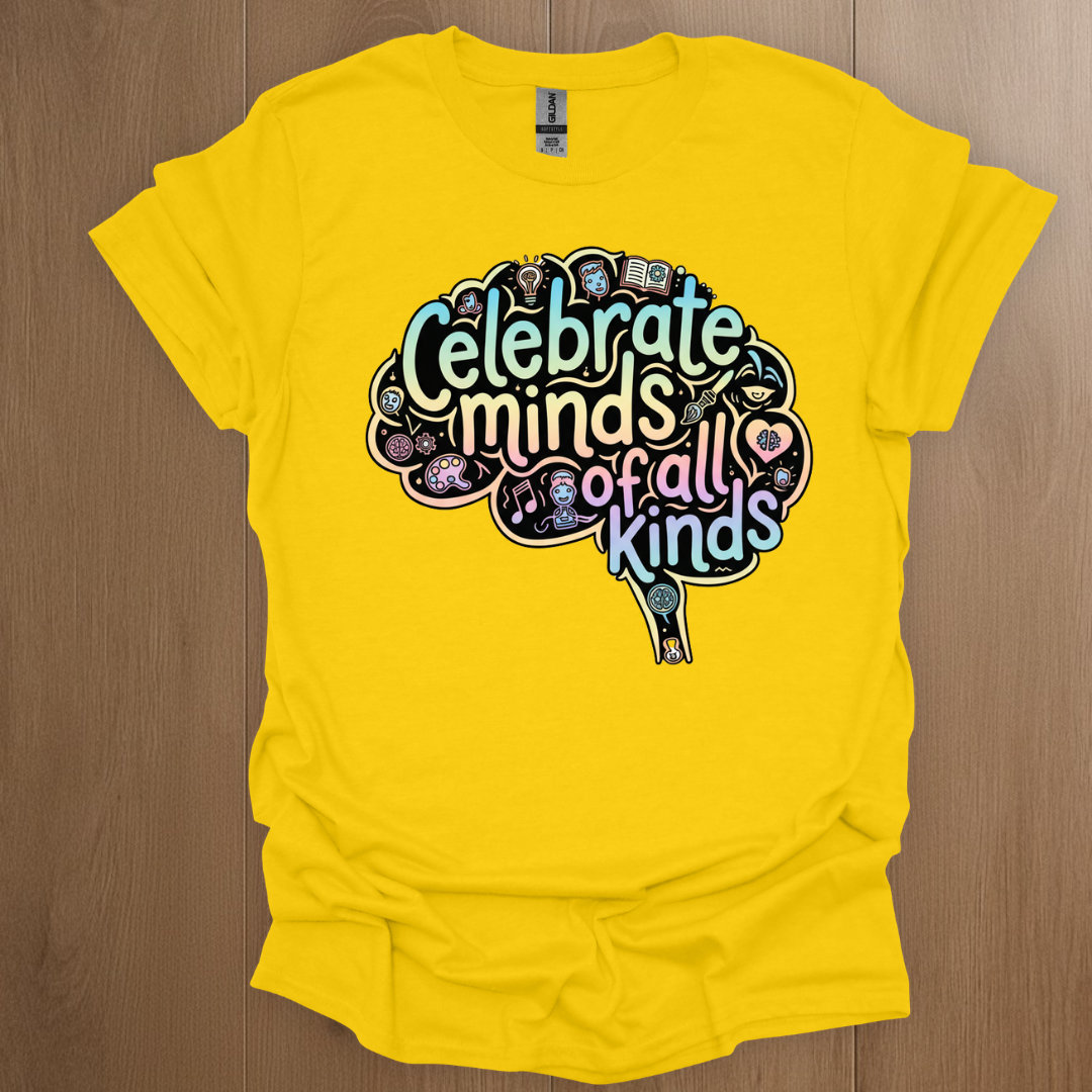 Celebrate Minds of all Kinds Graphics T-shirts - ADHD Pride T-Shirt - Model Wearing