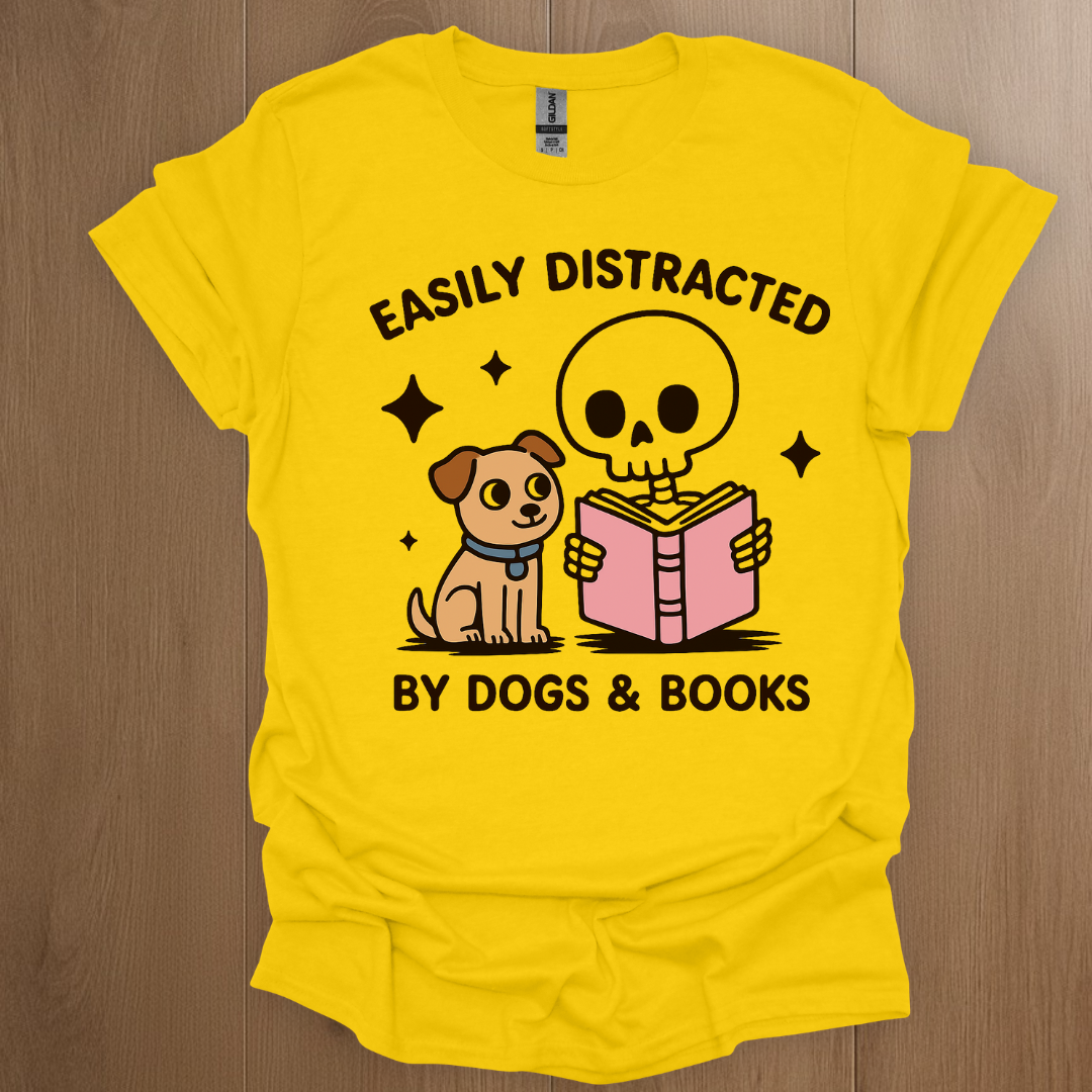 Easily Distracted by Dogs and Books T-shirt - ADHD Pride T-Shirt - Lifestyle Photo