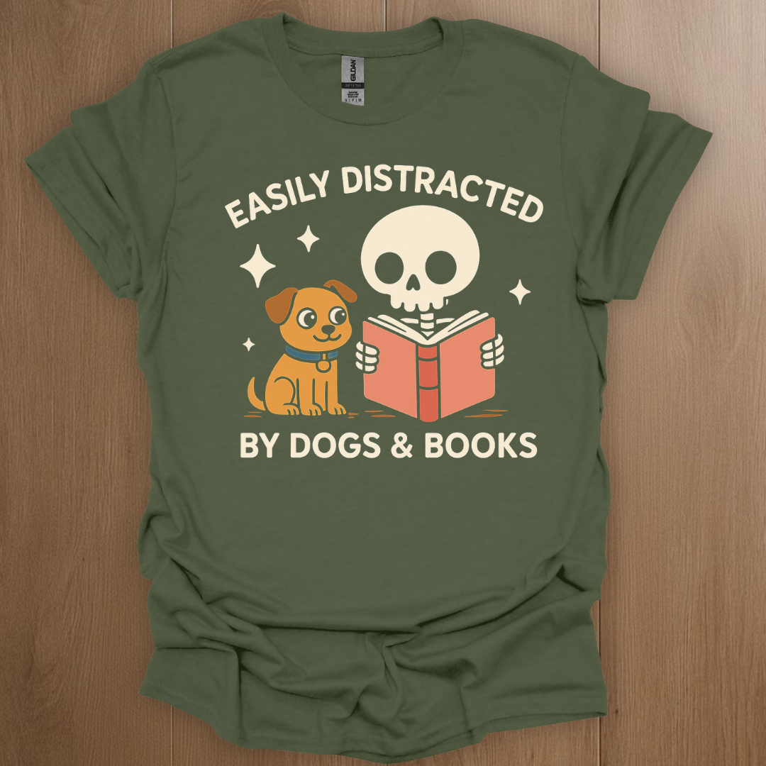 Easily Distracted by Dogs and Books T-shirt - ADHD Pride T-Shirt - Model Wearing