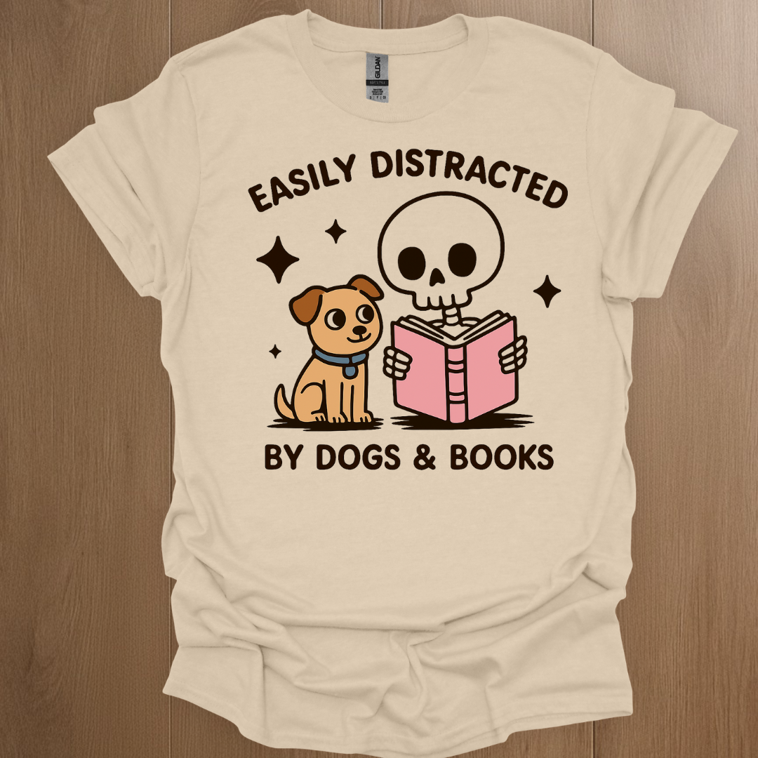 Easily Distracted by Dogs and Books T-shirt - ADHD Pride T-Shirt - Lifestyle Photo
