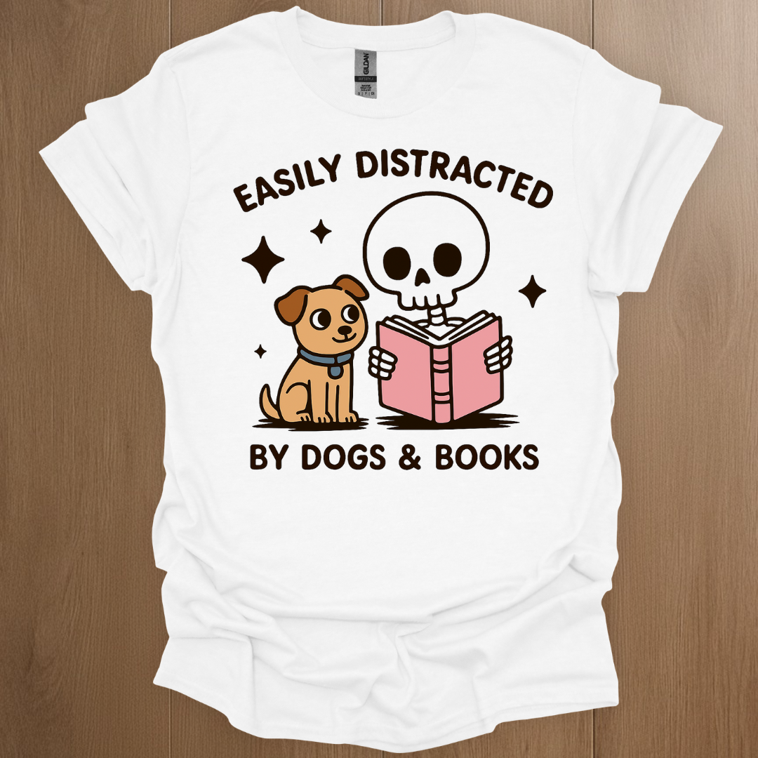 Easily Distracted by Dogs and Books T-Shirt - Introvert Apparel